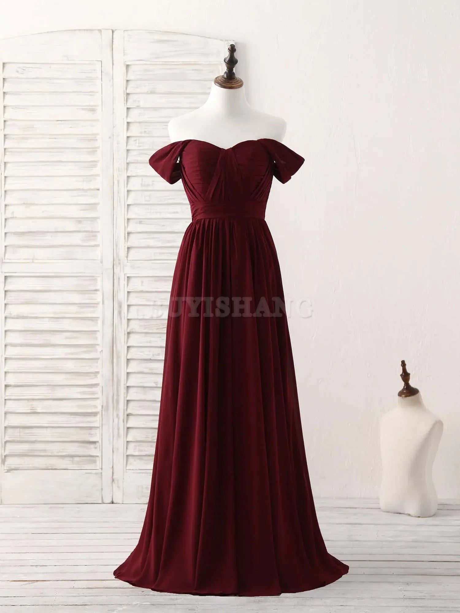 Buyishang Burgundy Chiffon Off Shoulder Long Prom Dress Burgundy Bridesmaid Dress Bridesmaid dress shop